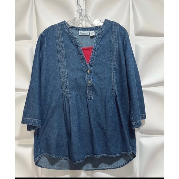 Serengeti Catalog Womens Sz L Blue Denim Pin-tuck Blouse Henley Top Faux Layered - Picture 3 of 7